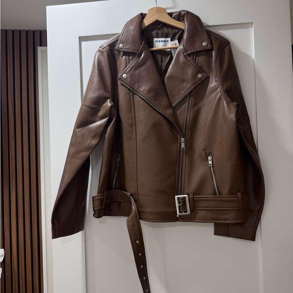 Old Navy Brown Faux Leather Moto Jacket with Belt